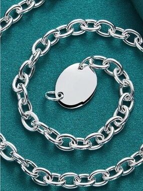 Polished Silver Oval Tag Necklace - Women Jewelry